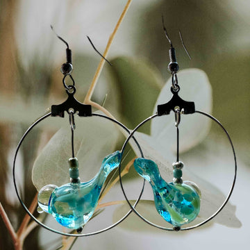Tiny Glass Bird Aqua Hooped Drop Earrings