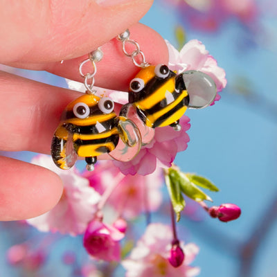Glass Bumble bee earrings with pink blossoms 